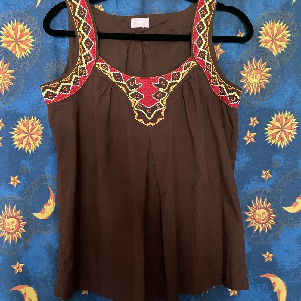 Boho summer embroidered brown tank